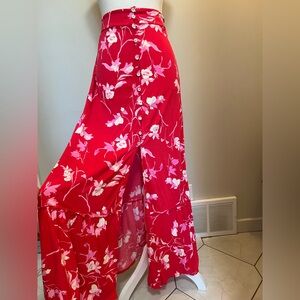 Maaji Coral Red Floral Maxi Skirt Button Front Ruffle Hem S/M